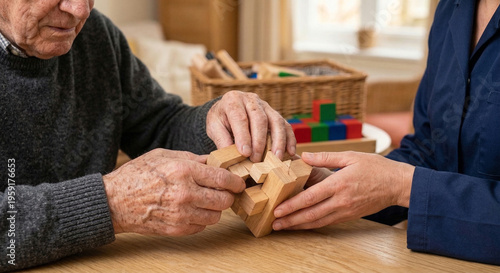 Close up of faceless elderly man and younger companion assembling 3D wooden puzzle together