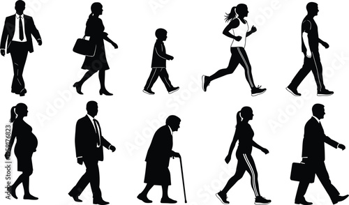 Collection of diverse people silhouettes walking running and standing including businessman pregnant woman elderly person and child isolated on white background,