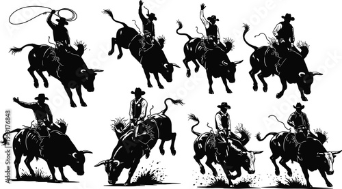 Cowboy Bull Riding Silhouette Vector Set Featuring Rodeo Athletes Lasso Skills and Bucking Bulls for Western American Heritage Sports Design