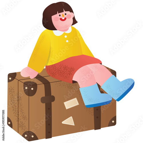 Travel and Vacation Illustration. Vector illustration of Child sitting on suitcase, representing travel preparation, vacation excitement, and journey concept. Isolated on background