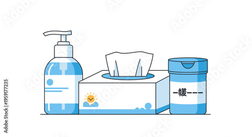 Hand sanitizer, tissue box, and disinfectant wipes, hygiene products, blue medical icons, health and wellness, vector illustrations