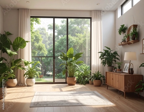 植物がいっぱいの広いリビング
