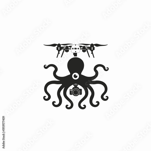 Drone and octopus illustration aerial photography concept in monochrome