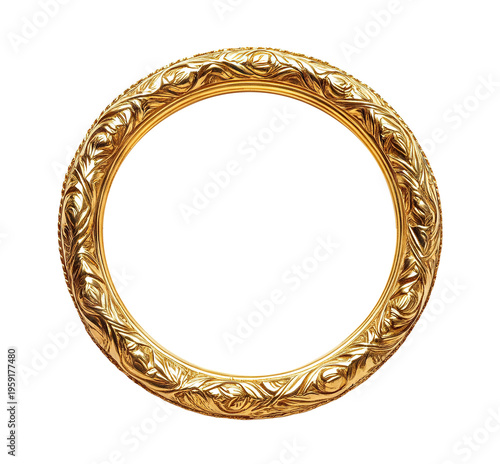 Golden round decorative frame with ornate vintage pattern, isolated on transparent cutout background