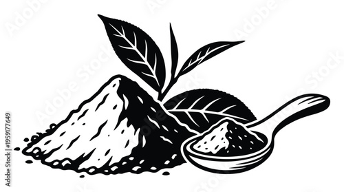 Pile of tea powder with leaves and a spoon on white background