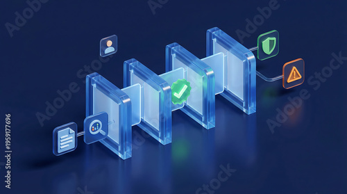 3D isometric data verification pipeline with search documents identity approval security and warning stages in digital compliance process