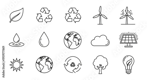 Collection of environmental and ecological icons representing sustainability and nature conservation.