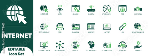 Internet icon set. computing, domain, firewall, hosting, link, network, modem, router, website, connection, illustration, and solid icons.