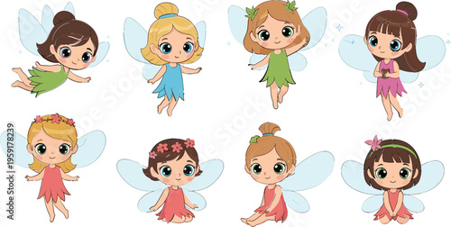 Cute Cartoon Fairy Set with Colorful Dresses, Sparkling Wings, and Magical Poses for Fantasy Illustrations, Kids Artwork