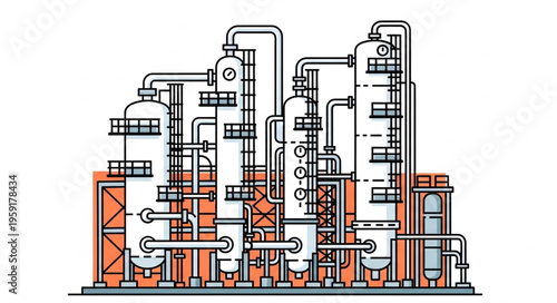 Detailed Illustration of a Complex Industrial Chemical Plant.