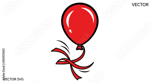 Red Balloon Floating with Red Ribbons on White Background, Vector Art