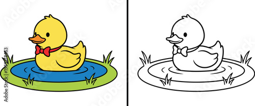 Cute duck with bow tie swimming in pond coloring page kids illustration