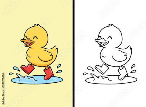 Cute duck splashing in puddle with boots coloring page fun kids illustration