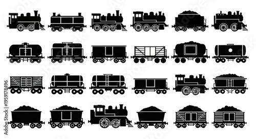 Vintage Train Silhouettes Collection: Steam Locomotives and Carriages