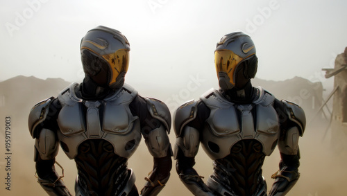 Futuristic Sci-Fi Soldiers in Advanced Silver Armor and Golden Visors Standing in a Dusty Wasteland