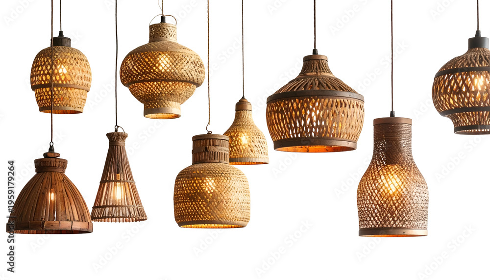 Obraz premium Various handcrafted pendant lamps with woven shades against a black background