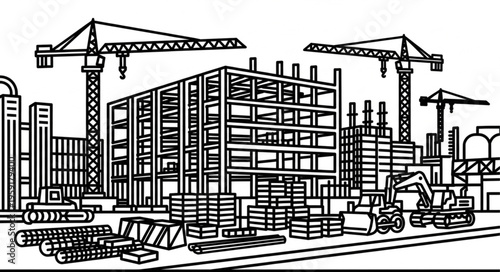 Construction Site with Cranes and Building Under Construction Line Art.
