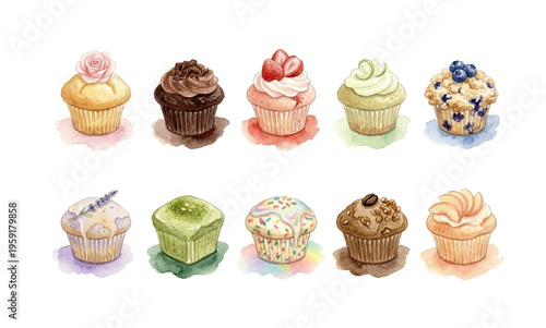 Watercolor Cupcake & Muffin Clipart Set — 10 Bakery Desserts PNG SVG Vector Illustration