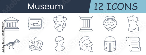 Museum set icon. Temple, painting, amphora, column, vase, torso, skeleton, crown, bust, helmet, scroll, gallery, history, archaeology, culture, exhibition