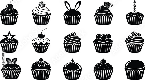Set of delicious cupcake icons featuring various toppings like cherry, stars, birthday candles, bunny ears, and cream swirls for bakery cafe menu. (21 words)
