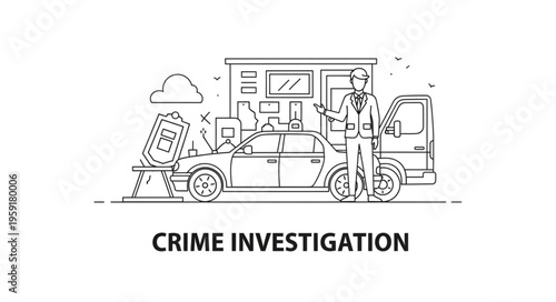 Crime Scene Investigation Illustration - Police Officer, Car, and Evidence.