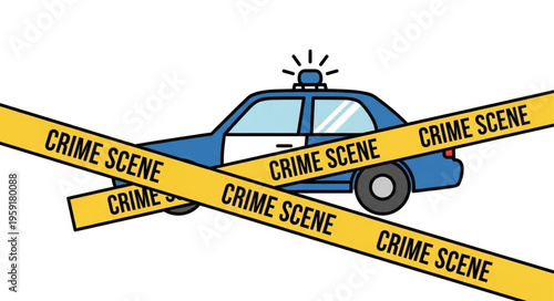Crime Scene Investigation - Police Car Behind Yellow Tape Illustration.