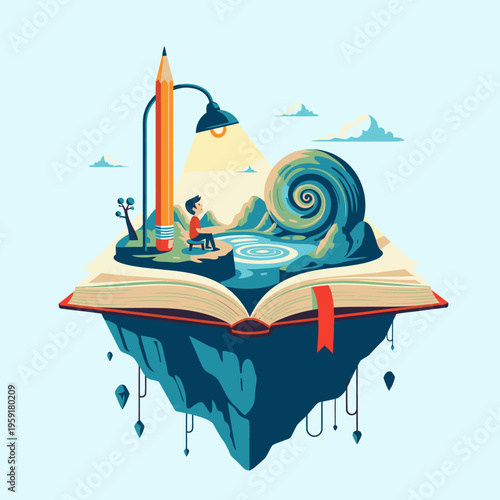 Child sitting on open book with pencil.