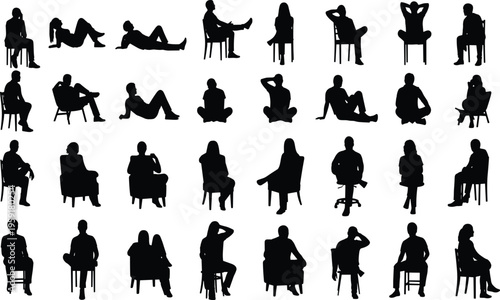 Vector silhouettes of people sitting on chairs in various poses, relaxed men and women lounging, diverse seated figures for architectural visualization, design.