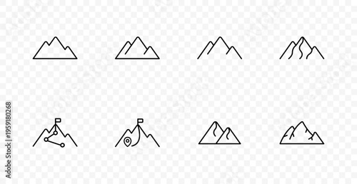 Mountain navigation set icon. Peak landscape, route planning, location flag, destination path, hiking terrain, travel orientation, adventure map