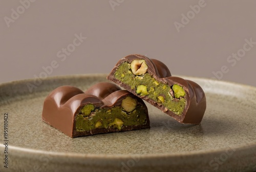 Indulgent pistachio chocolate bar elegantly sliced, showcasing creamy green filling with crunchy pieces, enhancing gourmet dessert allure and culinary exploration