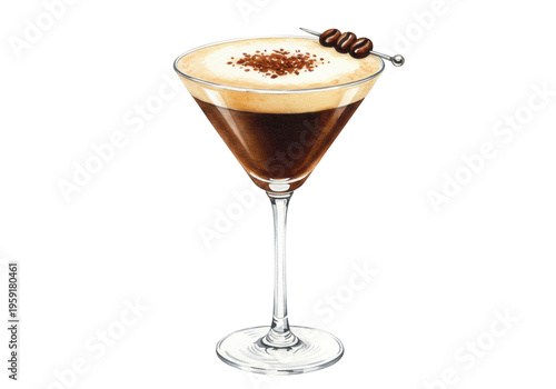Elegant watercolor espresso martini in a V-glass with creamy foam, cocoa dust, coffee beans on a silver pick, against a stark white background. Concept for gourmet beverage advertising