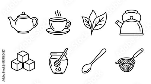 Minimalist black-and-white tea preparation icon set with teapot, cup, leaves, kettle, sugar, honey, spoon, and strainer.
