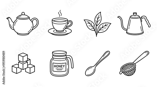 Minimalist black-and-white tea preparation icon set with teapot, cup, leaves, kettle, sugar, honey, spoon, and strainer.