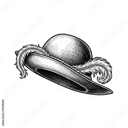 Intricately detailed renaissance hat with feather embellishment, isolated on a white background, showcasing classic style and elegance