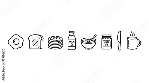 Minimalist black-and-white breakfast food icon set with egg pan, toast, pancakes, bottle, cereal, jam, bread slice, and coffee cup.