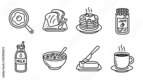 Minimalist black-and-white breakfast food icon set with egg pan, toast, pancakes, bottle, cereal, jam, bread slice, and coffee cup.