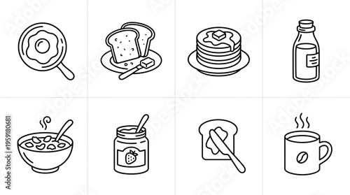 Minimalist black-and-white breakfast food icon set with egg pan, toast, pancakes, bottle, cereal, jam, bread slice, and coffee cup.