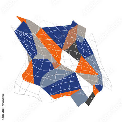 Abstract illustration of a colorful dented mesh structure with geometric patterns isolated on a white background