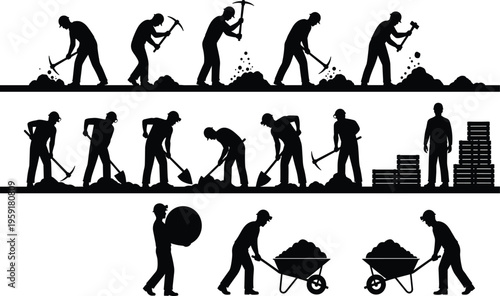 Worker, Construction, Silhouette, Digging, Labor, Mining, Industry, Pickaxe, Shovel, Industrial, Development, Hardhat, Manual, Building, Contractor,