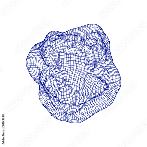 Dented blue mesh structure isolated against a white background, featuring abstract and intricate geometric patterns with a wavy, three-dimensional appearance