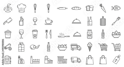 Collection of food and restaurant related icons in black and white style.