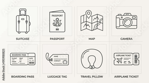 Minimalist black-and-white travel essentials icon set with suitcase, passport, map, camera, boarding pass, luggage tag, pillow, and ticket.