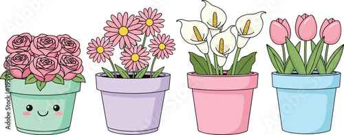 Cute Flower Pot Illustration Set with Roses, Daisies, Calla Lilies, and Tulips in Colorful Pots for Spring, Gardening, and Decorative Projects