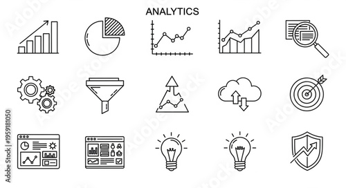 Collection of hand-drawn analytics and data visualization icons for business.