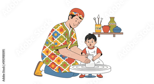 Father and child learning pottery, traditional craft, family bonding, creative hobby