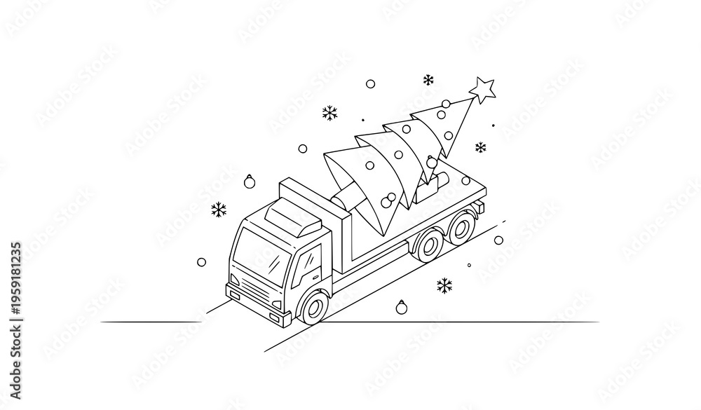 Fototapeta premium Isometric Christmas delivery truck with tree festive logistics vector illustration