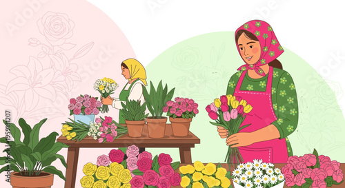 Florist women arranging bouquets of colorful flowers at market stall, illustration