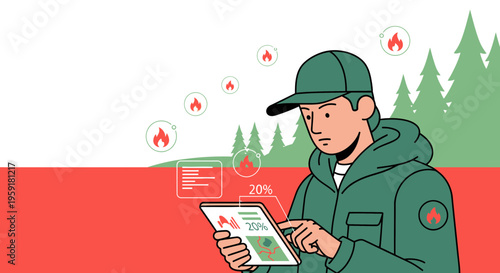 Forest ranger using tablet for wildfire monitoring and data analysis in forest