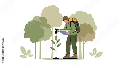 Forestry worker measuring sapling growth in a lush green forest, environmental research concept