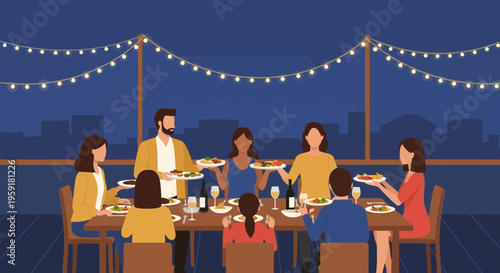 Friends enjoying a rooftop dinner party with string lights and city view